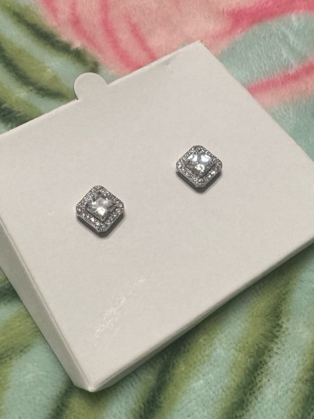 Sparkly Square Halo Stud Earrings Silver Clear CZ Crystal Elegant Brand New - Picture 3 of 6